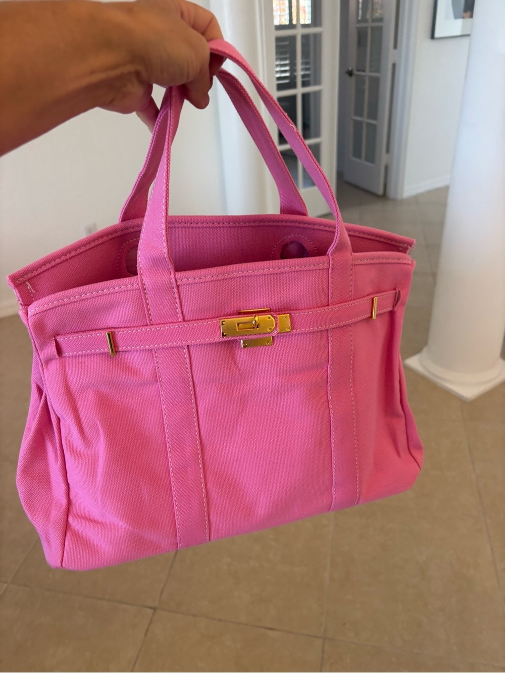 Pink Canvas Tote Bag with Gold Hardware
